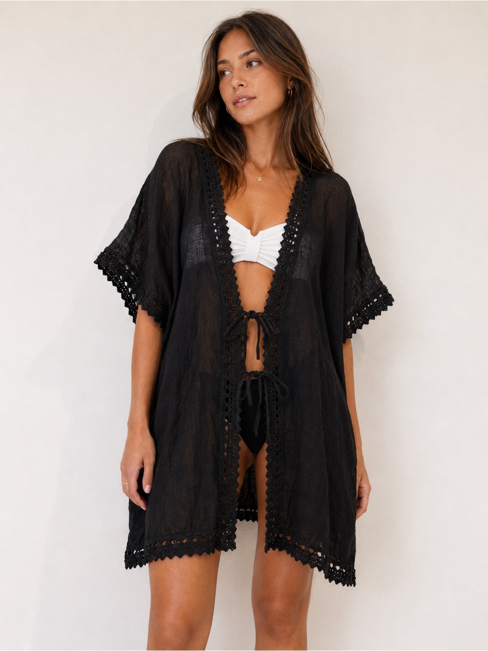La Vie en Rose Aqua Black Crochet Trim Tie Front Beach Cover-Up | S/M